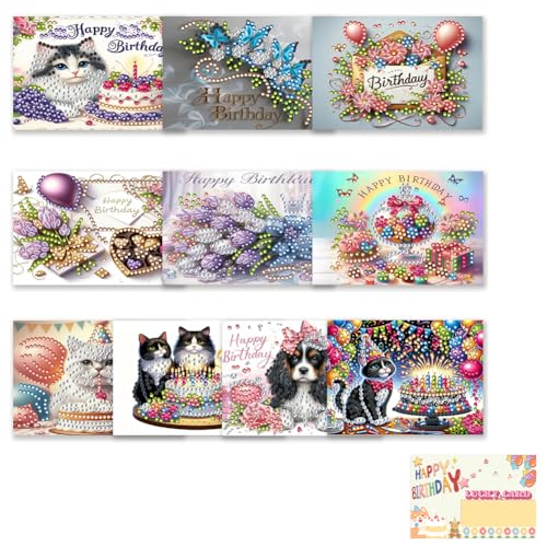 AMZGSHOP 10 Stück Diamant Grußkarten Set, DIY Diamant Malerei Party Geschenk, 5D Strass Stickerei Kunst Karten Kits, Faltbare Grußkarten, Kreative Mosaik Handwerk Postkarten von AMZGSHOP