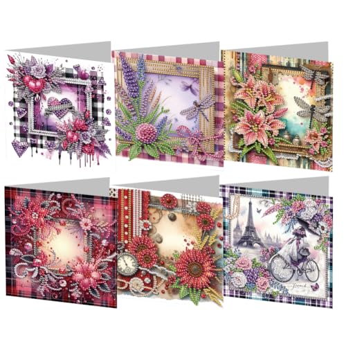 AMZGSHOP 6pcs Diamond Painting Grußkarten-Set, DIY Diamant Kunst Malerei Karten, Faltgrußkarte Handwerk, 5D Strass Stickerei Kunst Karten Kits, Mosaik Handgemachte Kreative Postkarten von AMZGSHOP