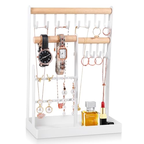 AMZJMT Schmuckständer,Kettenständer schmuck,Schmuckständer ohrringe,Schmuckschatulle mit Bodenaufbewahrung,Kettenaufbewahrungsregal für Halsketten, Armbänder,Ohrstecker und Ringe (weiß) von Xamic