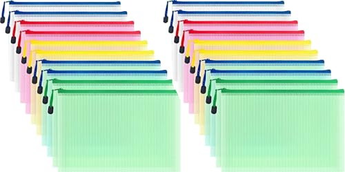 20 Stück A4 Zip Mesh Reißverschluss Beutel Federmäppchen, Reißverschluss Mesh Datei Taschen Ordner Dokument Taschen für Reise Kosmetik Bürobedarf (5 Farbe) von AMZMUKAUP