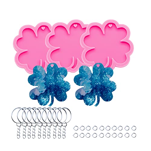 AMZTOART Silikonform mit Loch, vierblättriges Kleeblatt, Epoxid-Gießharz-Form für Schlüsselanhänger, Anhänger, DIY, Schmuck, Basteln, mit 10 Schlüsselringen (DY0255+DY0255+DY0255+PJ) von AMZTOART