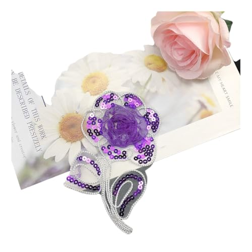 AMateschitz 10 Stück Blumen Bestickte Aufnäher mit Paillette Patches zum Aufbügeln Bunte Blumenstickerei Applikationen Florale Flicken mit Tüll für Kleidung Jacken Jeans Rucksäck Lila 12X15.5CM von AMateschitz