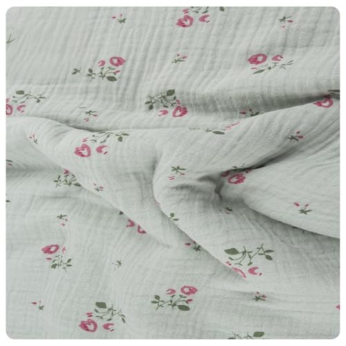 AMateschitz Baumwollstoff Musselin Stoff 100% Baumwolle Nähstoff Meterware Kinderstoff Bedruckte Kostümstoff Double Gauze Stoff Blumen Dekostoff für Kleid Bluse Kinder Tuch Decke Hellgrün 100 * 135cm von AMateschitz