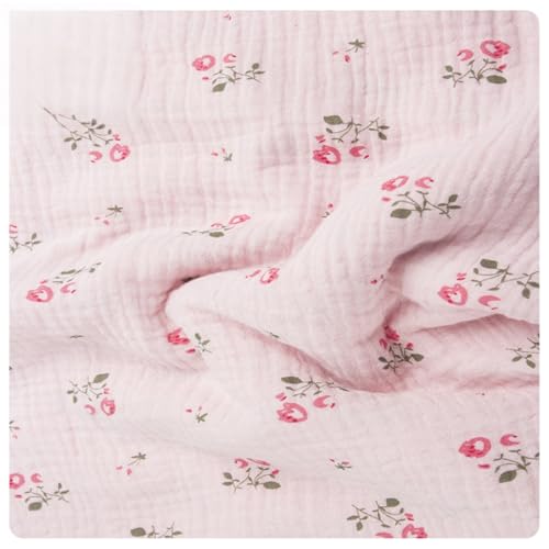 AMateschitz Baumwollstoff Musselin Stoff 100% Baumwolle Nähstoff Meterware Kinderstoff Bedruckte Kostümstoff Double Gauze Stoff Blumen Dekostoff für Kleid Bluse Kinder Tuch Decke Hellrosa 100 * 135cm von AMateschitz