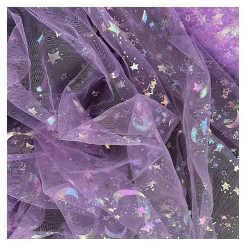 AMateschitz Glitzer Netzstoff Organza Glänzende Tüllstoff mit Sternen Mond Pailletten Heißprägung Tüll Dekostoff Sparkly Tüllband Stoff für DIY Nähen Kleidung Hochzeit Party Geschenk Deko Lila 1M*1M von AMateschitz