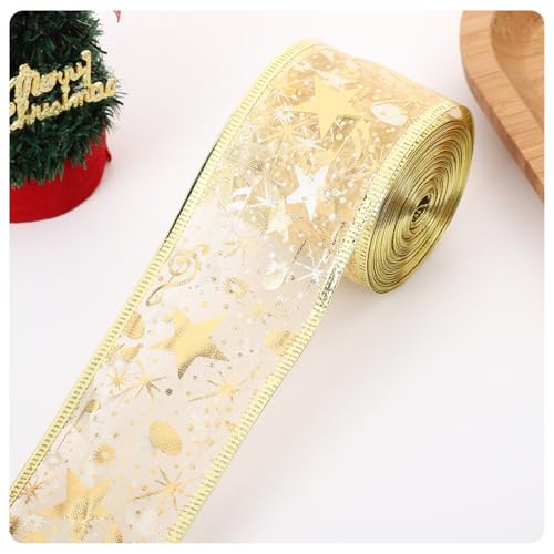 AMateschitz Weihnachtsband Draht 10m Schneeflocken Organzaband Glitzer Geschenkband mit Sternen Weihnachten Dekoband Weihnachten Schleifenband Weihnachtsbaum Band für Handwerk Gold 5cm von AMateschitz