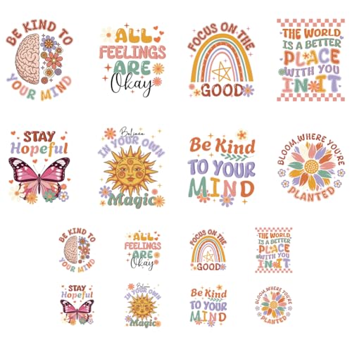 ANATTASOUL 16Pcs Bügelbilder für Textilien Psychische Gesundheit Bügelbilder Erwachsene 6.5 x 8 CM/18 x 22 CM Schnell & Einfach DIY Sticker zum Aufbügeln für Kleidung, Hosen, Hüte, Taschen von ANATTASOUL
