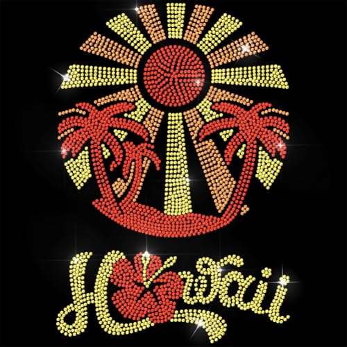 ANATTASOUL Bügeleisen Auf Strass Transfer Aufkleber Bügelaufkleber Hawaii Kokospalmen Bügelbilder für Textilien Glitzer Strass Für Kleidung Hut Tragetasche DIY Kunsthandwerk Geschenke Festival von ANATTASOUL