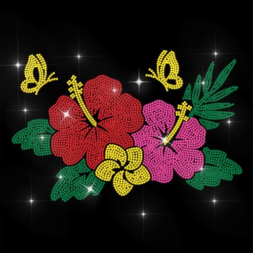 ANATTASOUL Bügeleisen Auf Strass Transfer Aufkleber Bügelaufkleber Hibiskus und Schmetterling Bügelbilder für Textilien Glitzer Strass Für Kleidung Hut Tragetasche DIY Kunsthandwerk Geschenke von ANATTASOUL