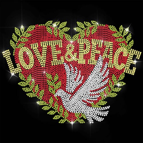 ANATTASOUL Strass-Bügelbild mit Aufschrift "Love and Peace" Bling Diamond Hotfix Patches für Kleidung, große Aufnäher zum Aufbügeln für Jeans, Jacken, Mützen, Taschen, T-Shirts, Schuhe, DIY-Dekoration von ANATTASOUL
