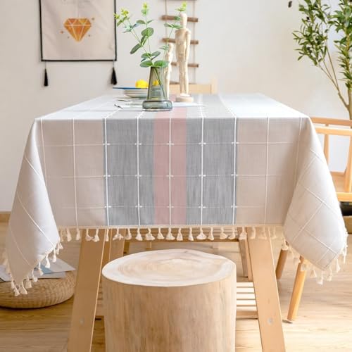 ANAZOZ Tischdecke Rechteckig Abwaschbar 140x300cm, Tischwäsche Leinen Tischtücher Hochzeit Rosa-Graues Karo mit Fransen von ANAZOZ