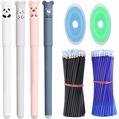 106 Pcs Radierbarer Kugelschreiber Set, Kawaii Cartoon Stift Radierbar, 0,5 mm, 4 Gelschreiber Llöschbar mit 100 Nachfüllungen und 2 Radiergummi für Kinder Studenten Schule Büro von ANBOO