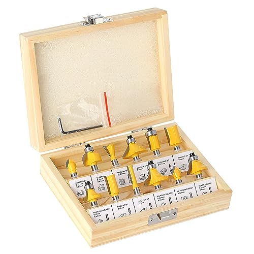 12 Stück Fräser Set, 6.35 mm 1/4 Inch Schaft, Holzbearbeitung Router Bit Holzfräser, Oberfräser Werkzeug mit Holzkoffer und Schlüssel, für Holzbearbeitung und DIY von ANBOO