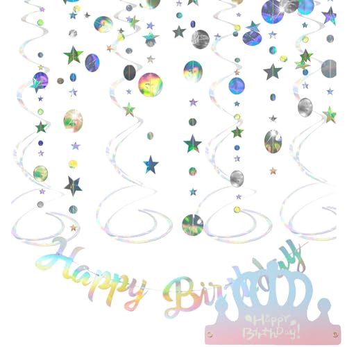 ANBOO Girlande aus Papier, rund und Sterne, 4 m, Wimpelkette in Form von schillernden Kreisen, mit Anhängern in Spiralform und Girlande zum Geburtstag (inklusive Geburtstagshut) von ANBOO