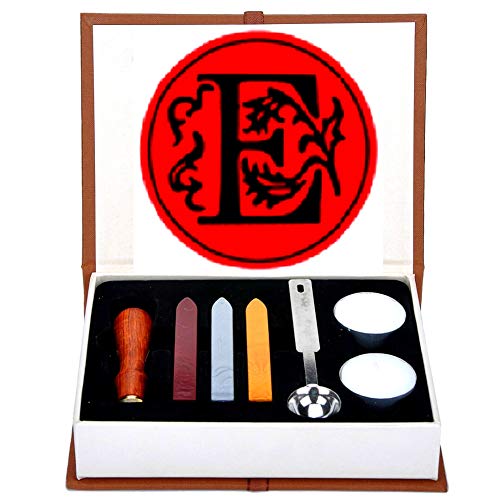 Buchstaben-Wachs-Siegel-Stempel-Set, ANBOSE Alphabet Wachs-Siegel-Stempel-Kit einschließlich 1Pcs Holzgriff Kupfer-Siegel, 3Pcs Wachs-Siegel-Sticks, 1Pcs Schmelzlöffel und 2Pcs weiße Kerzen（E) von ANBOSE