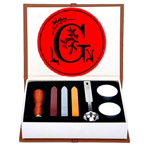 Buchstaben-Wachs-Siegel-Stempel-Set, ANBOSE Alphabet Wachs-Siegel-Stempel-Kit einschließlich 1Pcs Holzgriff Kupfer-Siegel, 3Pcs Wachs-Siegel-Sticks, 1Pcs Schmelzlöffel und 2Pcs weiße Kerzen（G) von ANBOSE