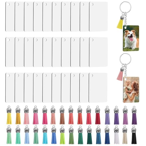 ANBOWEI 120 Stück Sublimation Rohlinge Schlüsselanhänger Set mit Wärmeübertragungs MDF Rechteckig Blanko, Quasten Anhänger Biegeringe Schlüsselring mit Kette für DIY Personalisiert Basteln von ANBOWEI