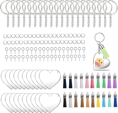 ANBOWEI Acryl-Schlüsselanhänger Rohlinge Set 140 Stück mit Herzförmige Acryl Anhänger Blanko, Quasten, Schlüsselring mit Kette, Biegeringe und Screw Eyes für DIY Basteln (Herzförmig) von ANBOWEI
