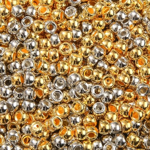 ANCADN 900 Stück Pony-Perlen, Acrylperlen, 9 mm, große Kunststoffperlen, goldene und silberne Perlen zum Flechten von Haaren, Pony-Perlen für Armbänder (Gold und Silber) von ANCADN