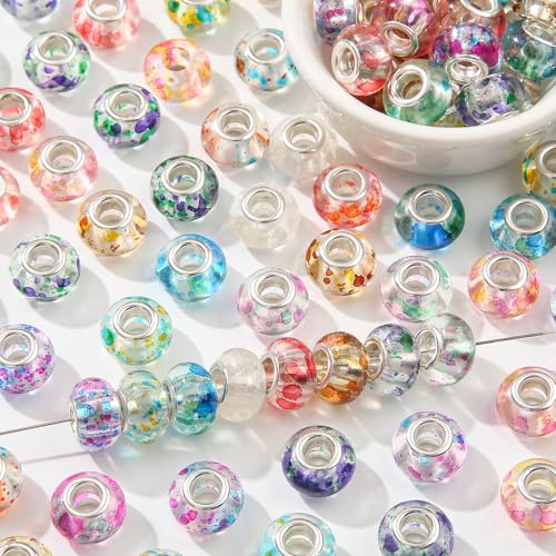 ANCADN Europäische Perlen mit großem Loch, Feenstab für Garten, rund, schillernd, Acrylperlen für Schmuckherstellung, Armband, Halskette, Bastelbedarf (Farbmischung, transparent), 60 Stück von ANCADN