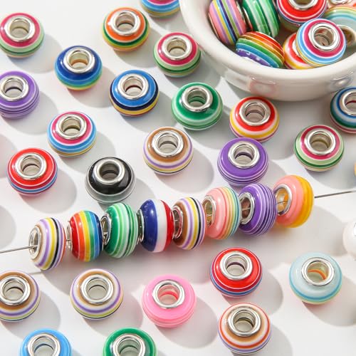 ANCADN Europäische Perlen mit großem Loch, Feenstab für Garten, rund, schillernd, Acrylperlen für Schmuckherstellung, Armband, Halskette, Bastelbedarf (Regenbogenfarbe) von ANCADN