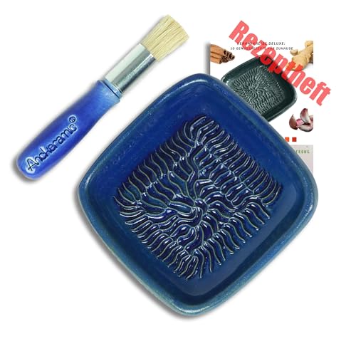 ANCKERAMIC® Ceramico Reibeteller & Backpinsel mit Naturborsten, Set aus Keramik für Knoblauch, Ingwer, Muskat, Handmade (Blau/Blau) von ANCKERAMIC