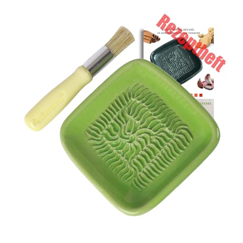ANCKERAMIC® Ceramico Reibeteller & Backpinsel mit Naturborsten, Set aus Keramik für Knoblauch, Ingwer, Muskat, Handmade (Minze/Gelb) von ANCKERAMIC
