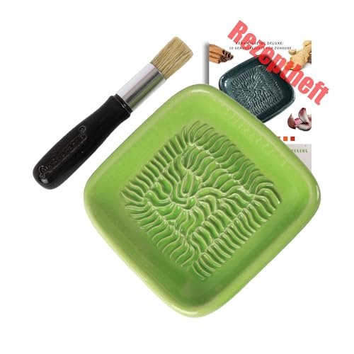 ANCKERAMIC® Ceramico Reibeteller & Backpinsel mit Naturborsten, Set aus Keramik für Knoblauch, Ingwer, Muskat, Handmade (Minze/Schwarz) von ANCKERAMIC