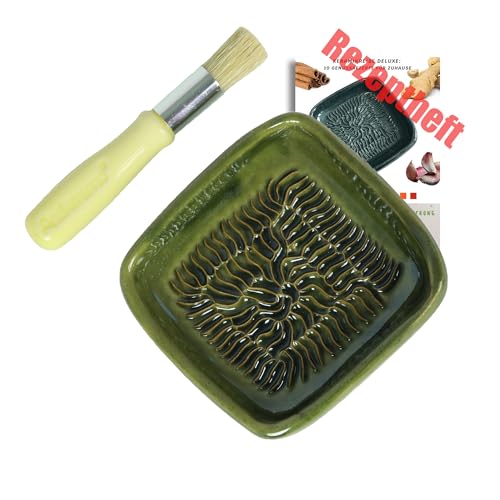 ANCKERAMIC® Ceramico Reibeteller & Backpinsel mit Naturborsten, Set aus Keramik für Knoblauch, Ingwer, Muskat, Handmade (Olivgrün/Gelb) von ANCKERAMIC