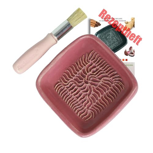 ANCKERAMIC® Ceramico Reibeteller & Backpinsel mit Naturborsten, Set aus Keramik für Knoblauch, Ingwer, Muskat, Handmade (Pink/Rosa) von ANCKERAMIC
