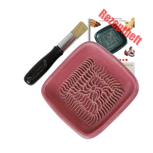 ANCKERAMIC® Ceramico Reibeteller & Backpinsel mit Naturborsten, Set aus Keramik für Knoblauch, Ingwer, Muskat, Handmade (Pink/Schwarz) von ANCKERAMIC