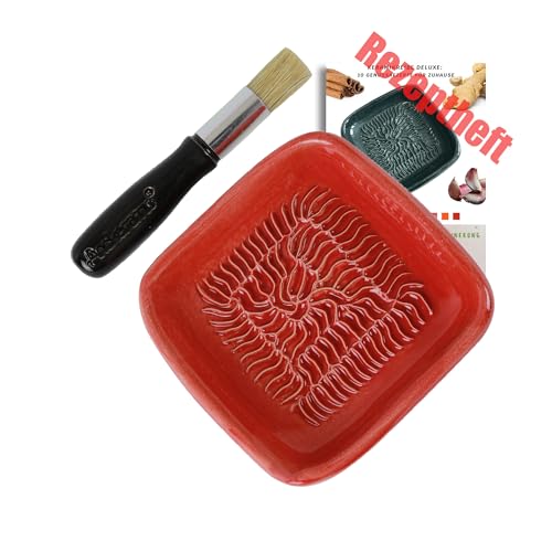 ANCKERAMIC® Ceramico Reibeteller & Backpinsel mit Naturborsten, Set aus Keramik für Knoblauch, Ingwer, Muskat, Handmade (Rot/Schwarz) von ANCKERAMIC