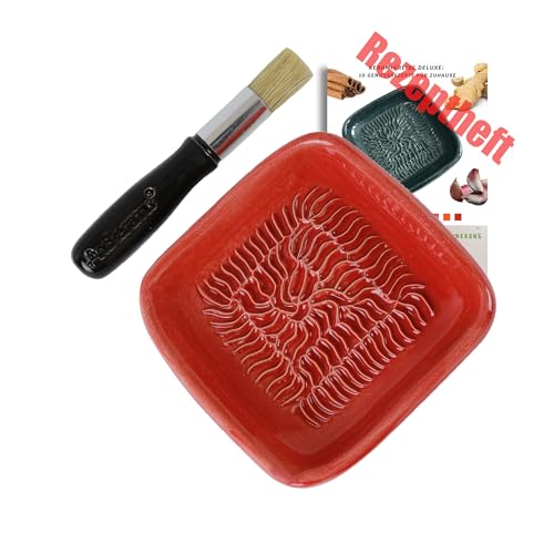 ANCKERAMIC® Ceramico Keramikreibe & Backpinsel Set - Keramik Knoblauchreibe, Ingwerreibe & Küchenpinsel Naturborsten, handgefertigt (Farbe) (Rot/Schwarz) von ANCKERAMIC