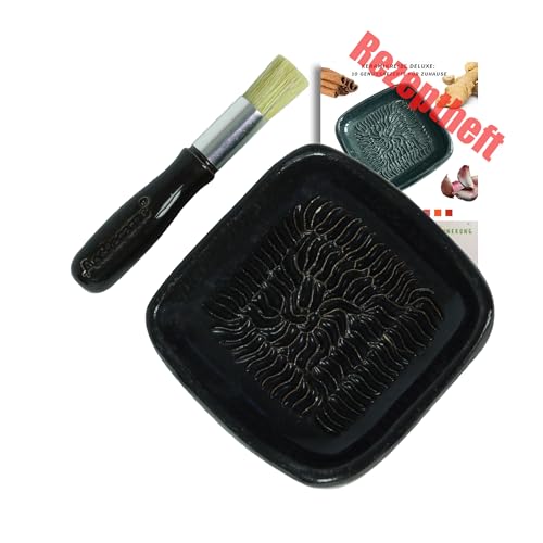 ANCKERAMIC® Ceramico Reibeteller & Backpinsel mit Naturborsten, Set aus Keramik für Knoblauch, Ingwer, Muskat, Handmade (Schwarz/Schwarz) von ANCKERAMIC