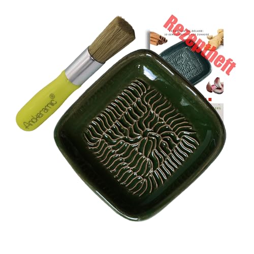 ANCKERAMIC® Ceramico Reibeteller & Backpinsel mit Naturborsten, Set aus Keramik für Knoblauch, Ingwer, Muskat, Handmade (Grün/Gelb) von ANCKERAMIC