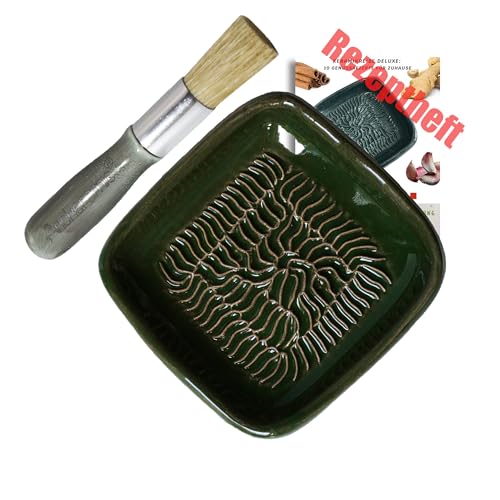 ANCKERAMIC® Ceramico Reibeteller & Backpinsel mit Naturborsten, Set aus Keramik für Knoblauch, Ingwer, Muskat, Handmade (Grün/Anthrazit) von ANCKERAMIC