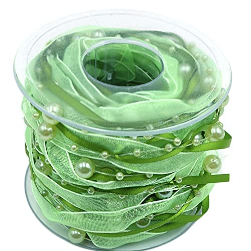 ANCLLO 10M Künstliche Perlenband Chiffon-Band und Organza-Spitze-Band-Ordnungen für Hochzeits-Blumen-Weihnachtsbaum-Dekoration Nähen Handwerk Verpackung (Grün) von ANCLLO