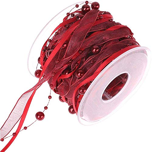 ANCLLO 10M Künstliche Perlenband Chiffon-Band und Organza-Spitze-Band-Ordnungen für Hochzeits-Blumen-Weihnachtsbaum-Dekoration Nähen Handwerk Verpackung (Weinrot) von ANCLLO