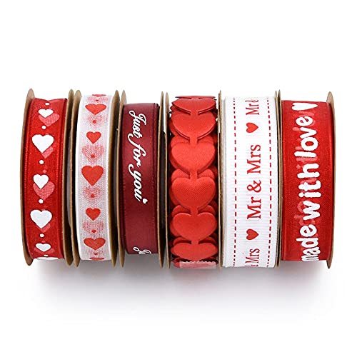 ANCLLO 6 Rollen Valentinstagsbänder bedruckte Herzbänder Bastel-Satinbänder für Geschenkverpackungen DIY Zubehör von ANCLLO