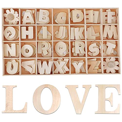 ANCLLO Holzbuchstaben A-Z und Blumen-Set mit Ablageschale, natürliche Holzbuchstaben für Kunst, Handwerk, Hochzeitsdekoration, 112 Stück von ANCLLO