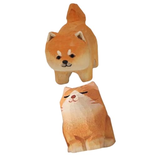 ANDRESLAD 2 Stück Teiliges Handgeschnitztes Holzornament mit Kleiner Katze und Shiba Inu Realistische Holzfigur Niedliche Tierdekoration für Schreibtisch und Wohnzimmer Geschenk für von ANDRESLAD