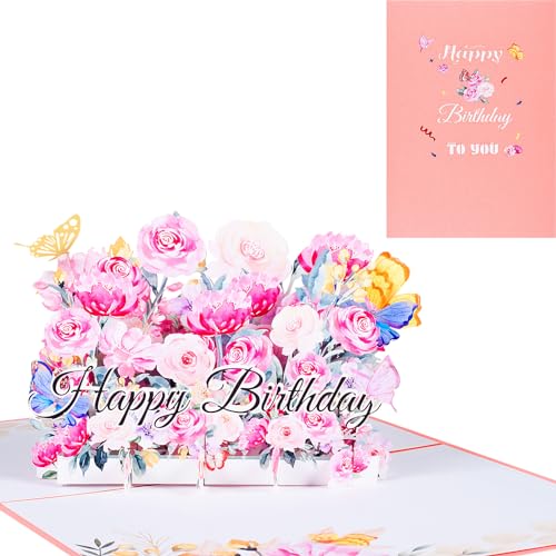 3D Geburtstagskarte,Nummernlos Pop Up Karte zur Volljährigkeit Geburtstagsparty,Blumen Rosa,Happy Birthday Grußkarten,Jubiläumskarte Klappkarte,mit Nachrichtenkarte und Umschlag von ANEWISH