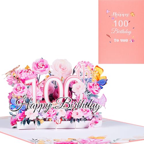 3D Geburtstagskarte zum 100.Geburtstag,Pop Up Karte zur Volljährigkeit Geburtstagsparty,Blumen Rosa,Happy Birthday Grußkarten,Jubiläumskarte Klappkarte,mit Nachrichtenkarte und Umschlag von ANEWISH