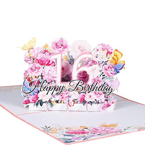 3D Geburtstagskarte zum 16.Geburtstag,Pop Up Karte zur Volljährigkeit Geburtstagsparty,Blumen Rosa,Happy Birthday Grußkarten,Jubiläumskarte Klappkarte,mit Nachrichtenkarte und Umschlag von ANEWISH
