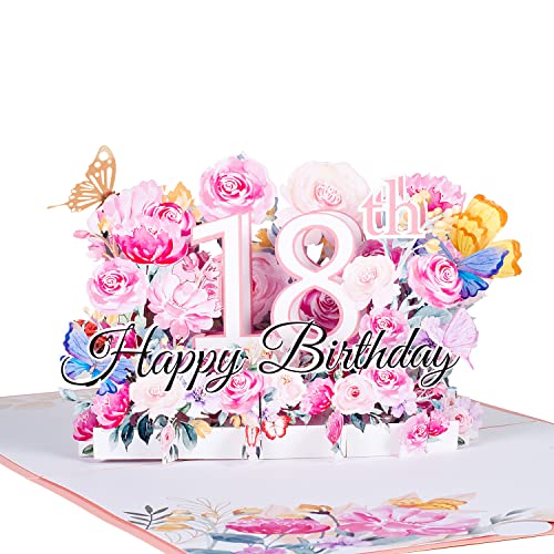 3D Geburtstagskarte zum 18.Geburtstag,Pop Up Karte zur Volljährigkeit Geburtstagsparty,Blumen Rosa,Happy Birthday Grußkarten,Jubiläumskarte Klappkarte,mit Nachrichtenkarte und Umschlag von ANEWISH