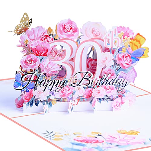3D Geburtstagskarte zum 30.Geburtstag,Pop Up Karte zur Volljährigkeit Geburtstagsparty,Blumen Rosa,Happy Birthday Grußkarten,Jubiläumskarte Klappkarte,mit Nachrichtenkarte und Umschlag von ANEWISH