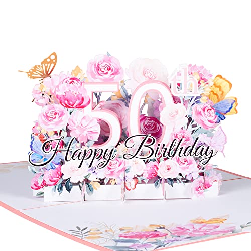 3D Geburtstagskarte zum 50.Geburtstag,Pop Up Karte zur Volljährigkeit Geburtstagsparty,Blumen Rosa,Happy Birthday Grußkarten,Jubiläumskarte Klappkarte,mit Nachrichtenkarte und Umschlag von ANEWISH
