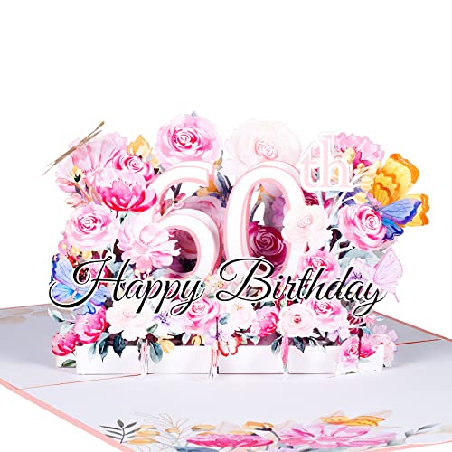 3D Geburtstagskarte zum 60.Geburtstag,Pop Up Karte zur Volljährigkeit Geburtstagsparty,Blumen Rosa,Happy Birthday Grußkarten,Jubiläumskarte Klappkarte,mit Nachrichtenkarte und Umschlag von ANEWISH