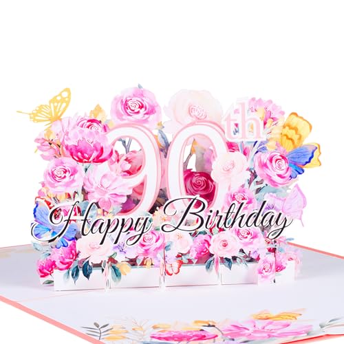 3D Geburtstagskarte zum 90.Geburtstag,Pop Up Karte zur Volljährigkeit Geburtstagsparty,Blumen Rosa,Happy Birthday Grußkarten,Jubiläumskarte Klappkarte,mit Nachrichtenkarte und Umschlag von ANEWISH