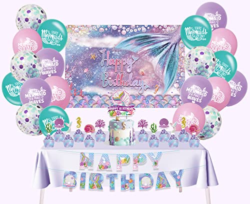 Meerjungfrau Geburtstag Party Dekorationen Zubehör für Mädchen inklusive Meerjungfrau Hintergrund Kuchen Topper Cupcake Toppers Banner von ANFGANC